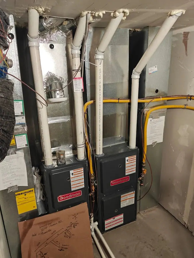 Two newly installed furnaces in an Edmonton mechanical room